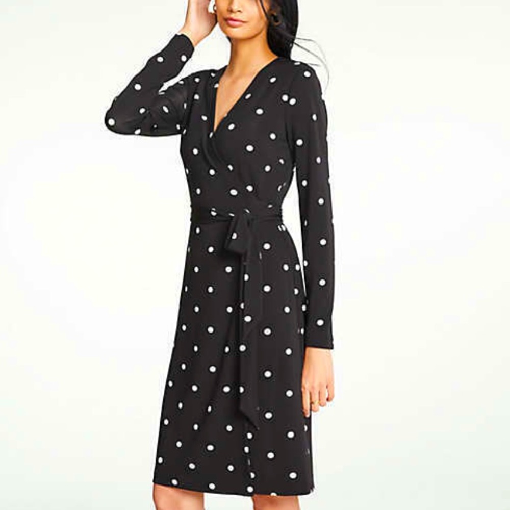 Ann Taylor Matte Jersey Wrap Dress Black Polka Dot